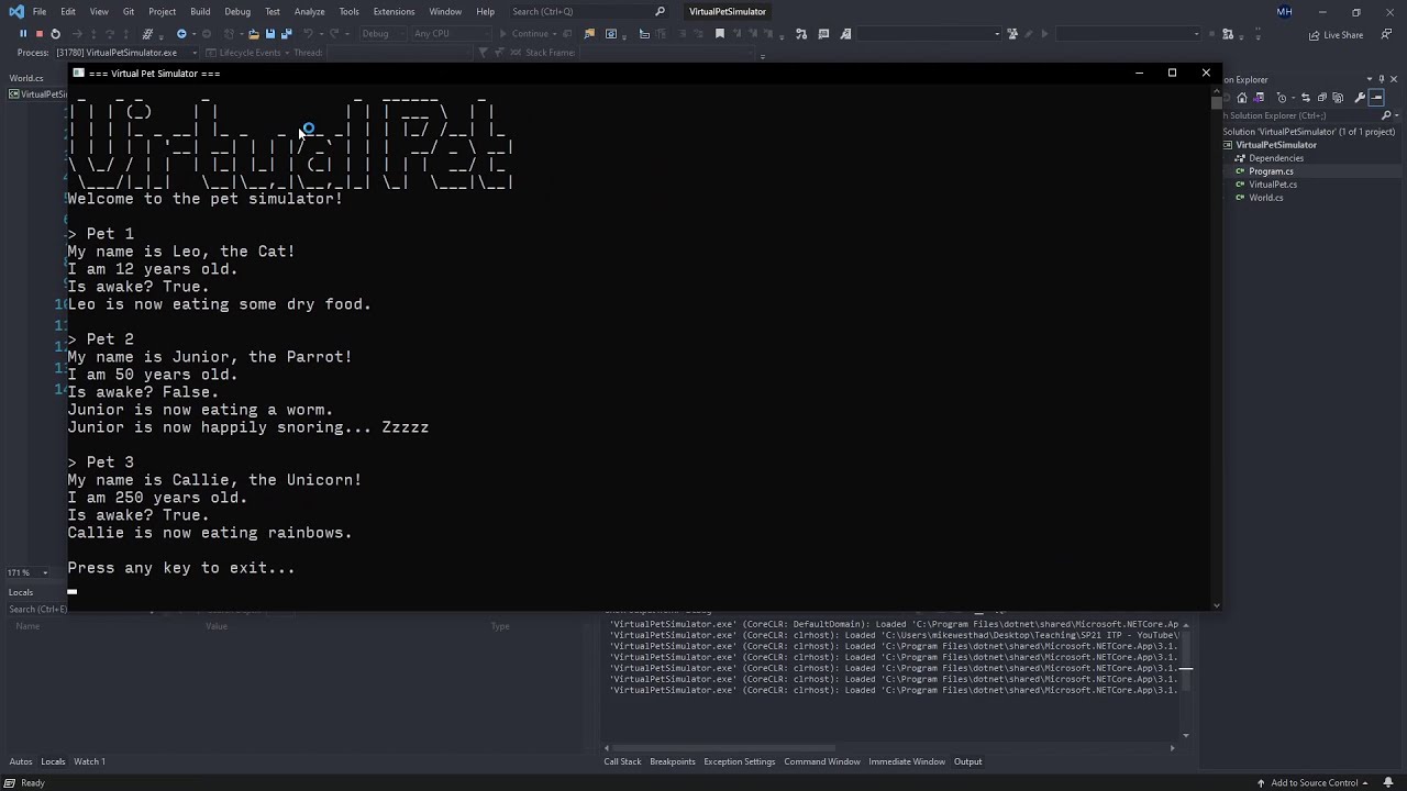 Intro to C#: 4 - Object-Oriented Programming and Virtual Pets