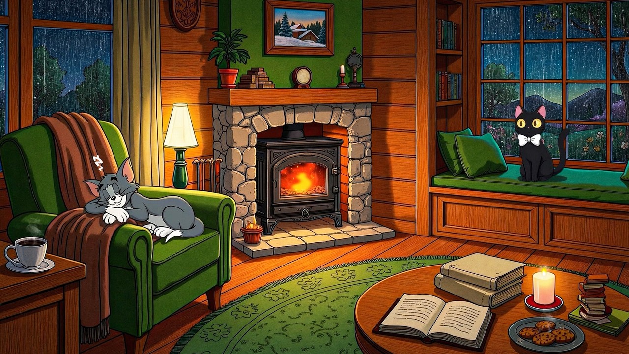 it's raining and 1950s vintage oldies playing in another room on a peaceful night by the fireplace