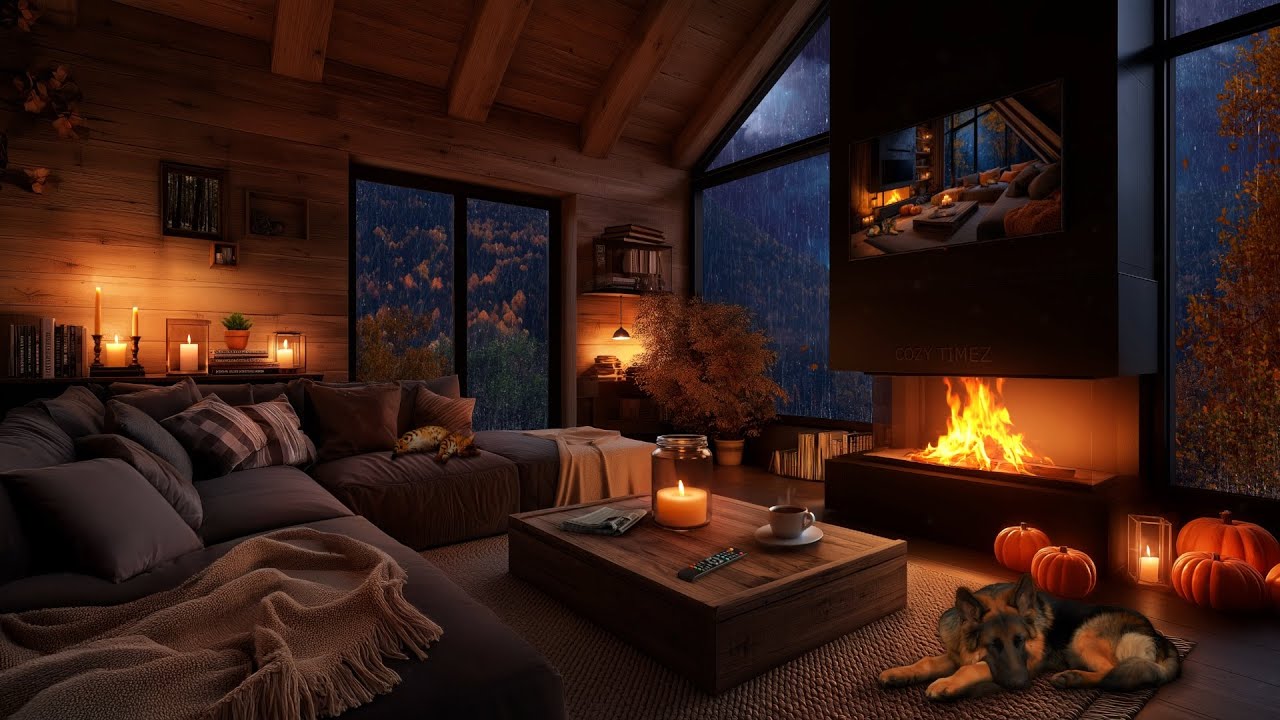 Autumn Thunderstorm & Heavy Rain | Cozy Living Room with Fireplace, Pumpkins, Cat & Dog