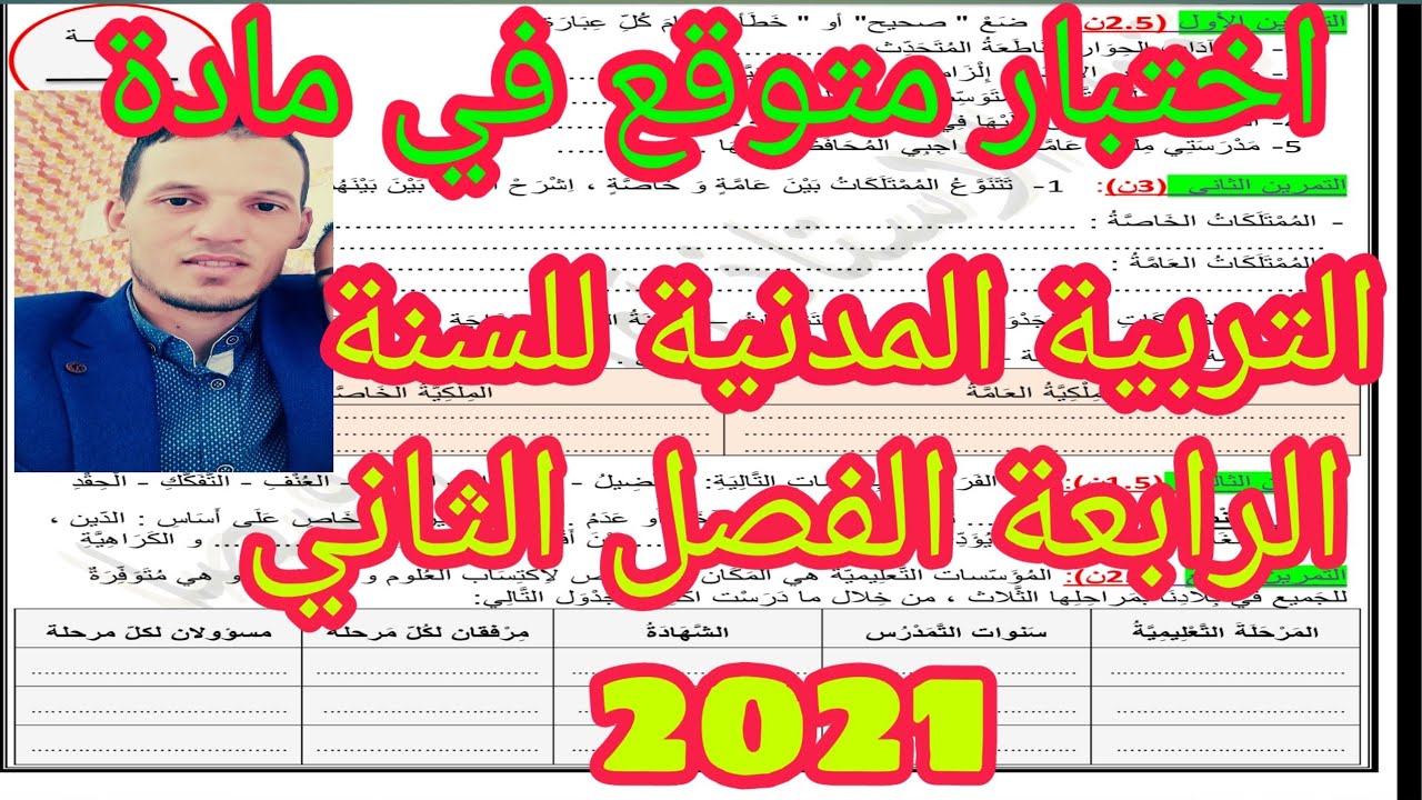 اختبار متوقع في مادة التربية المدنية للسنة الرابعة ابتدائي الفصل الثاني 2021