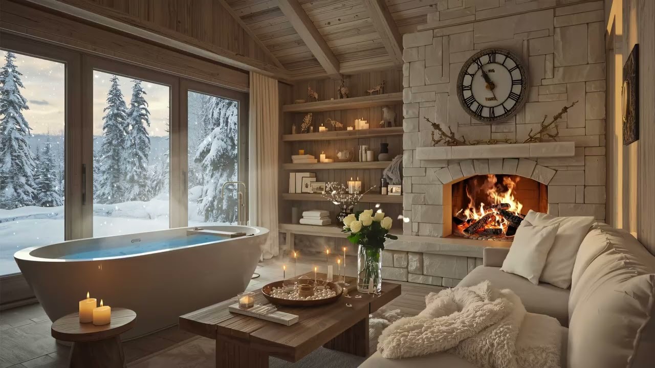 Soothing Fire Sounds & Winter Snow ❄️Cozy Room Ambience with Piano for Calm & Peaceful Relaxation