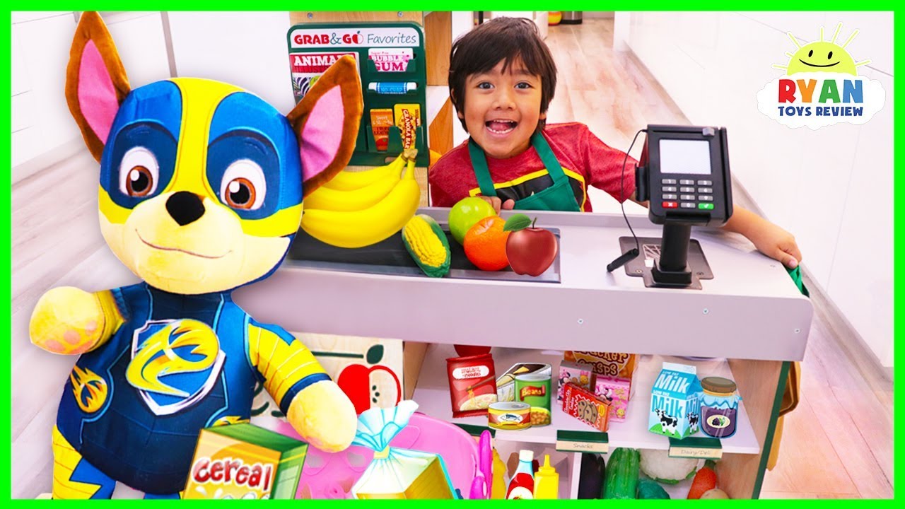 Ryan and Mighty Pups Paw Patrol Toys Pretend Play Grocery Store!