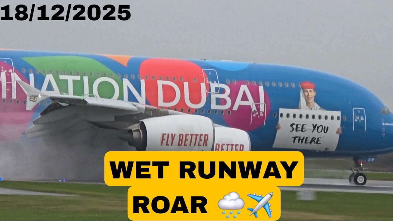 INSANE A380 Action at Manchester Airport 🇬🇧 | Wet Runway FULL THRUST Take-Off & Landing | 23R