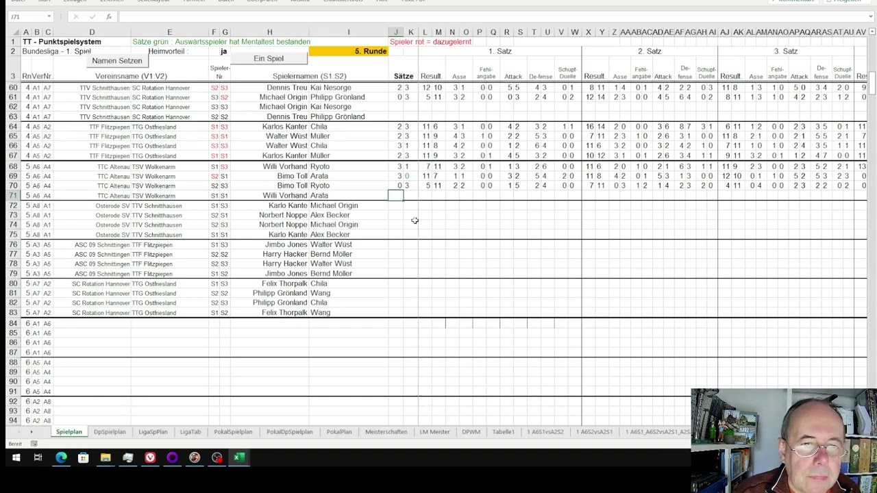 Tischtennis Excel Spiel - Liga Spiel, 5. Spielrunde
