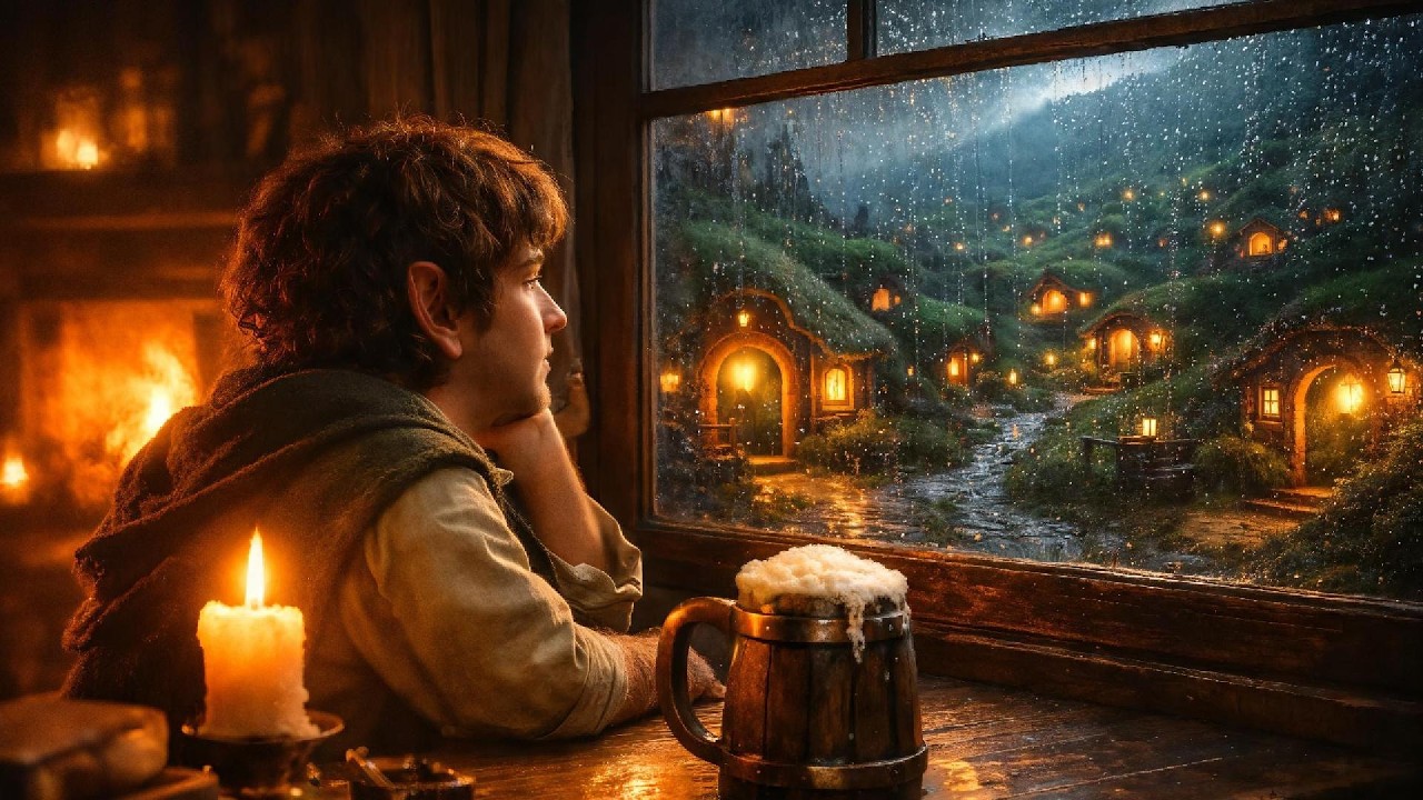 Rainy Shire Night 🌧️ | Cozy Hobbit Ambience for Study, Relax & Sleep
