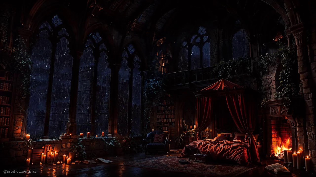 Sleeping in a Dark Medieval Castle Room With Rain Sounds Ambience