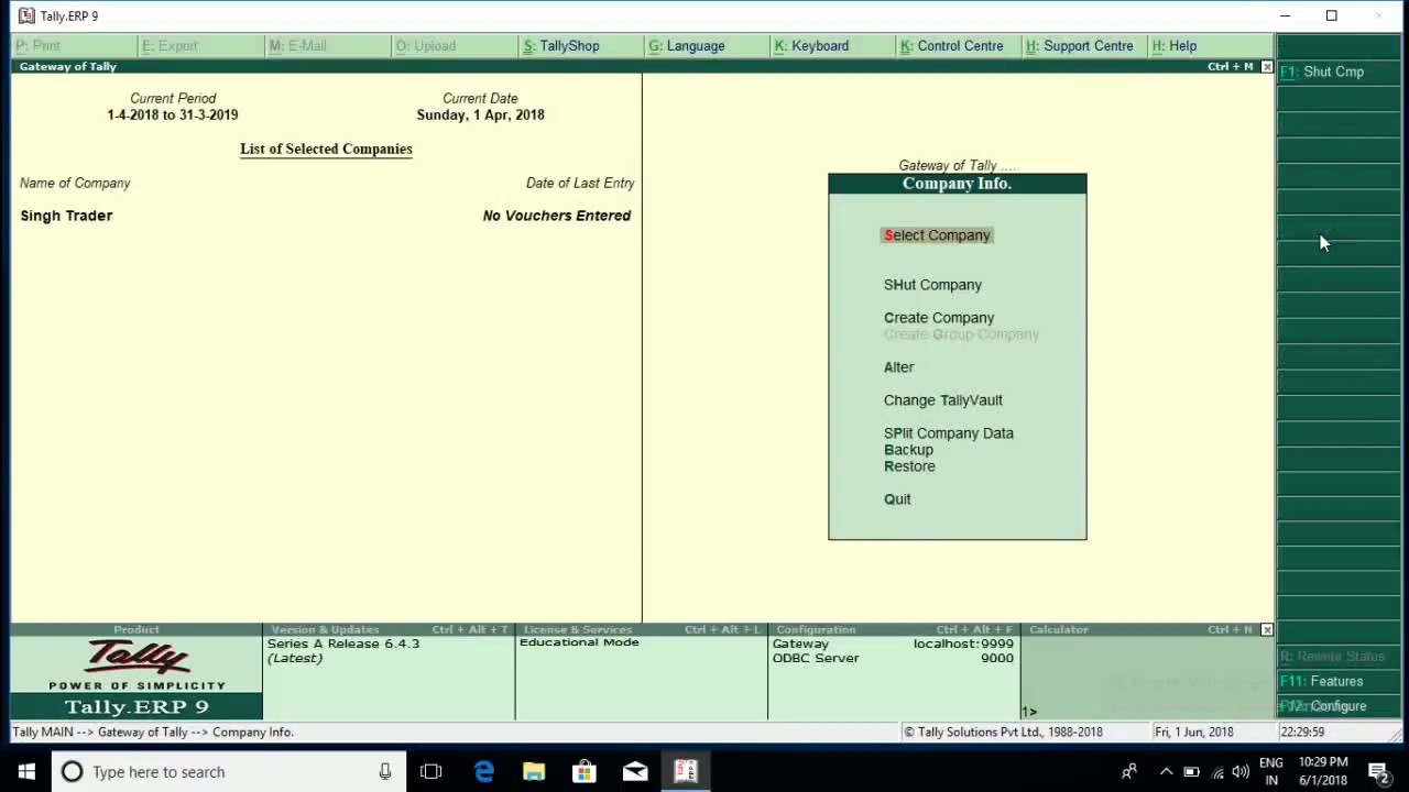 How to Create a Company in Tally ERP 9 6.4.3, Modify and Delete it.