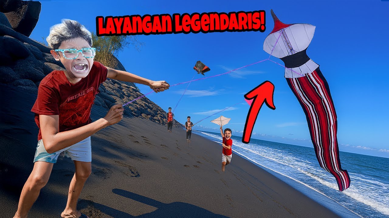 NERBANGI LAYANGAN JANGGAN JUMBO LEGENDARIS DI PANTAI ANGINNYA SUPER KENCANG!!! BOCIL SAMPAI TERBANG!