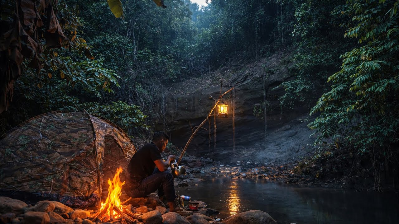 Solo Camping by a Small River | Catch & Cook River Prawns asmr #camping #bushcraft #survival