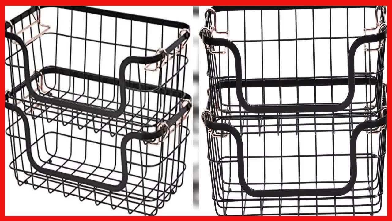 Amazon Basics Stackable Metal Wire Storage Basket Set for Kitchen or Bathroom - Black/Rose Gold