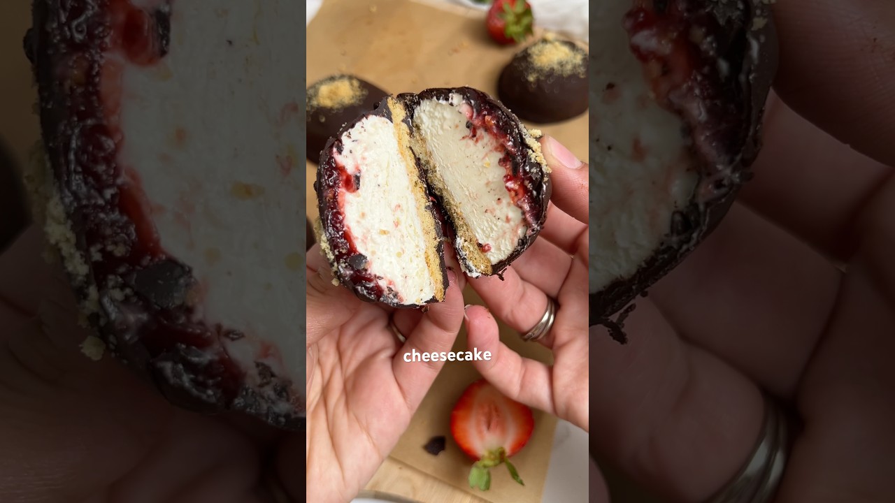 Chocolate-Covered Cheesecake Icecream Bites with Strawberry Jam | #shorts