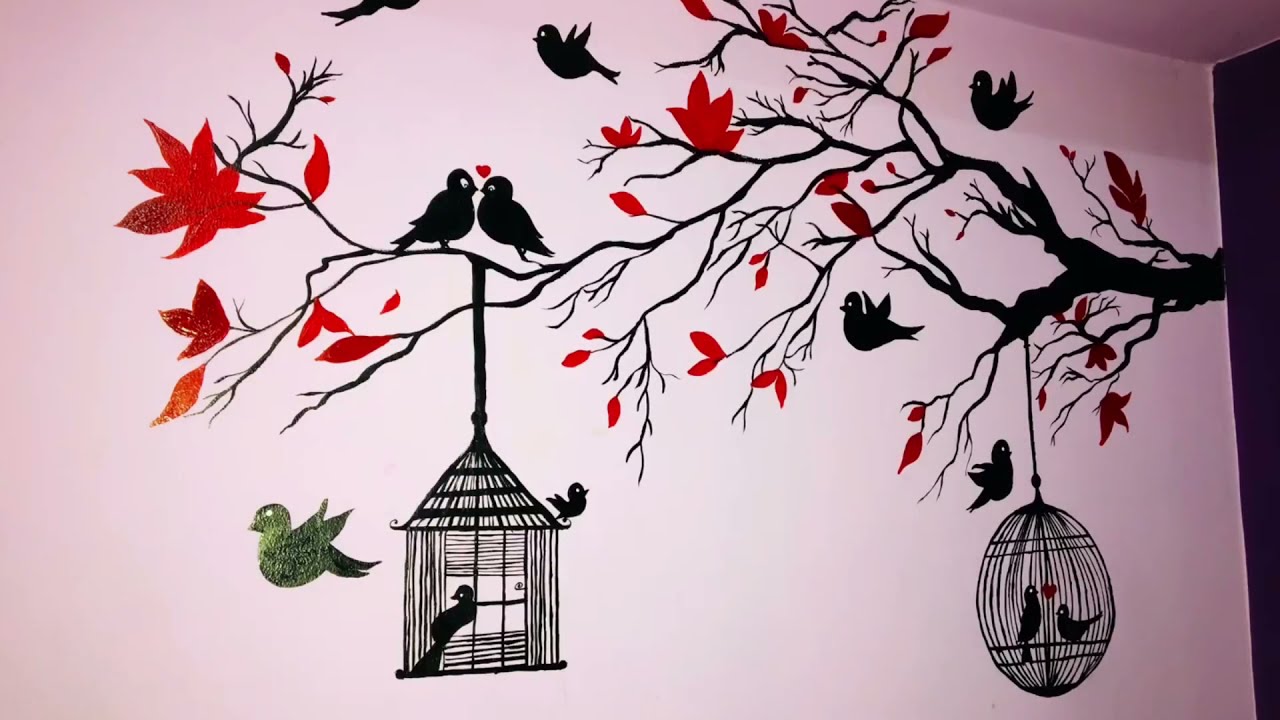 #Wall paint art|#Simple tree wall painting|#red flower branches|#easy DIY wall paint art at home🍁🥀