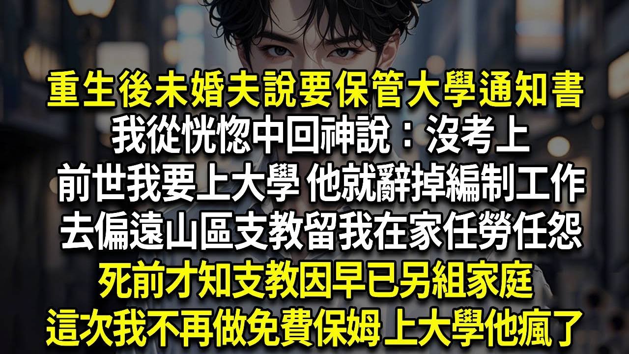 重生後未婚夫說要保管大學通知書，我從恍惚中回神說：沒考上，前世我要上大學 他就辭掉編制工作，去偏遠山區支教留我在家任勞任怨，死前才知支教因早已另組家庭，這次我不再做免費保姆 上大學他瘋了