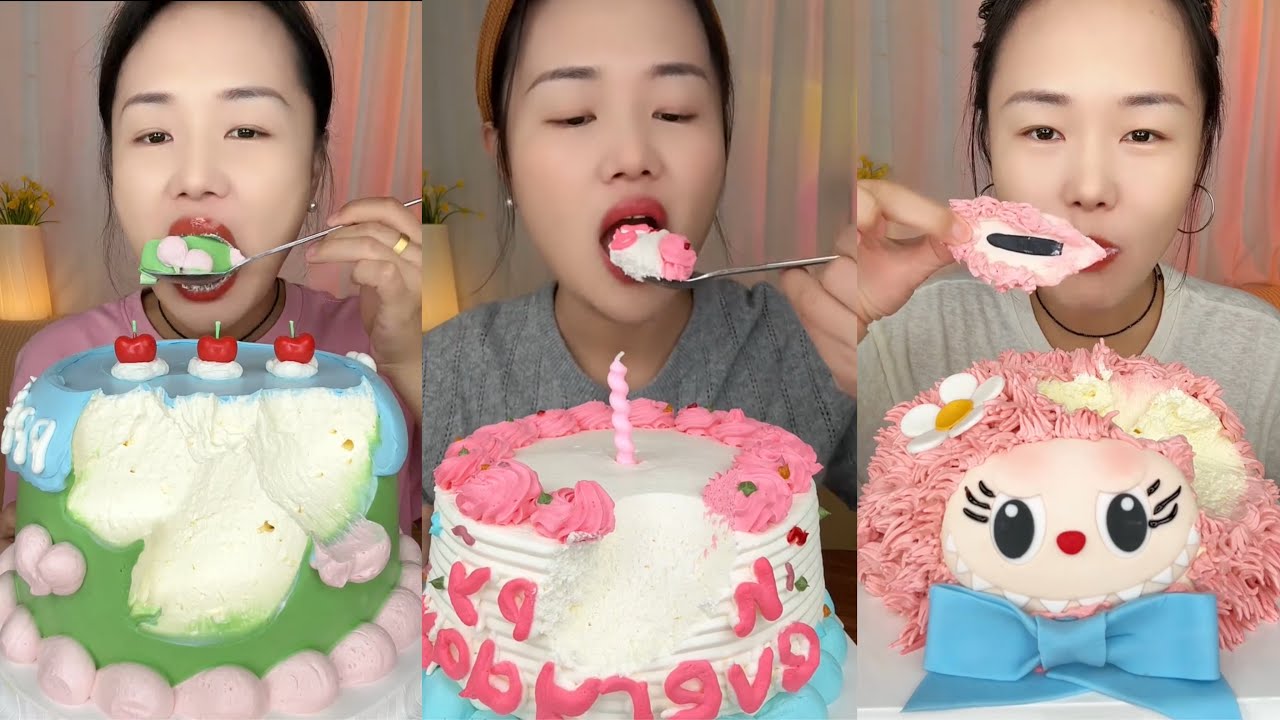 asmr mukbang - cloud cake, pink birthday cake, cute cat cream cake eating sound