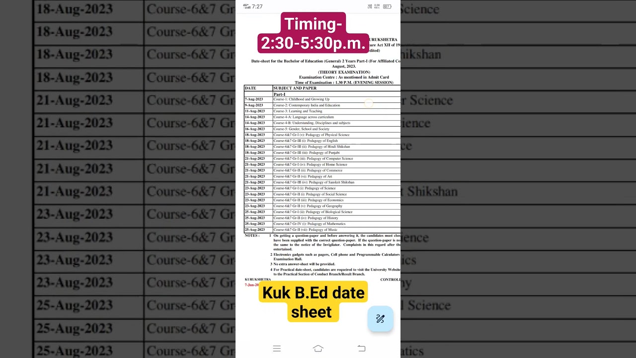 #kuk date sheet #bed1styear #exam #education