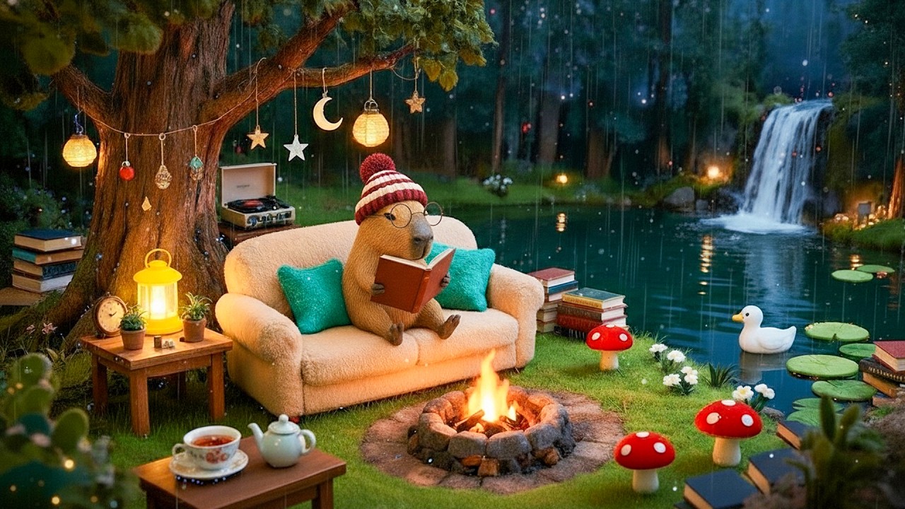 Capybara's Rainy Camping 🔥 Cozy Fireplace Lofi for Deep Sleep