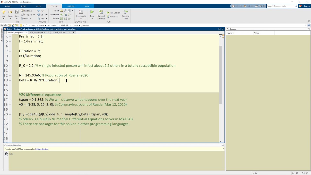 Model COVID-19 using MATLAB (Full code in description) | Modeling the Pandemic, code 1