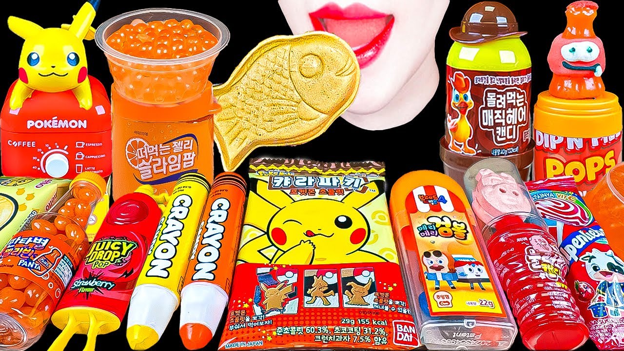 ASMR ORANGE CANDY🧡Pokemon Candy Machine, Popping Boba 주황색 캔디 먹방 EATING MUKBANG