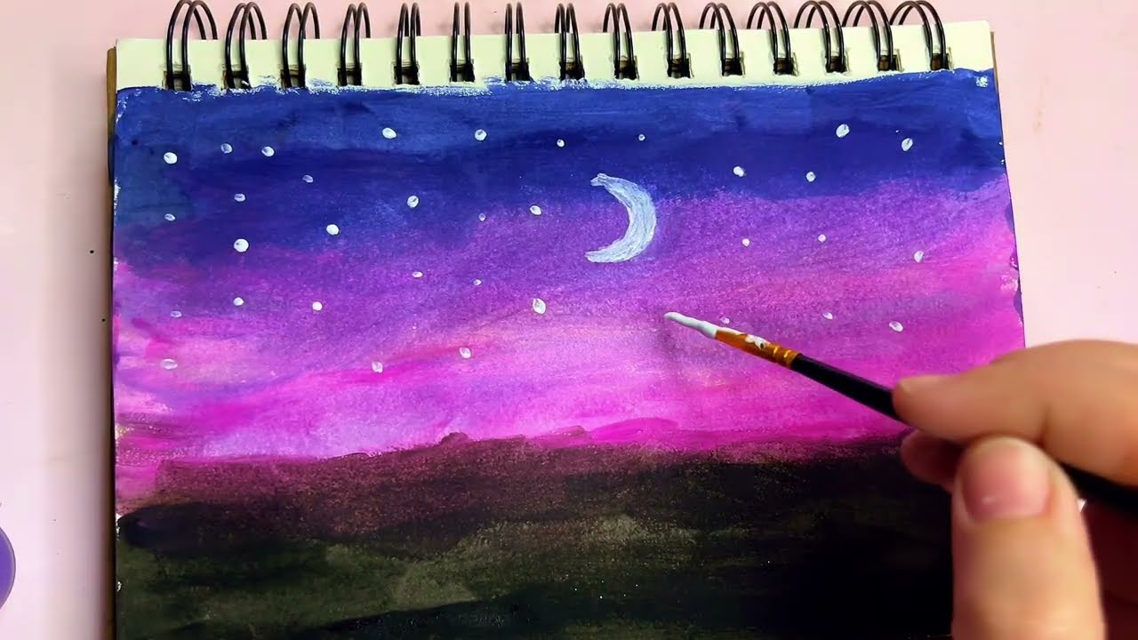 Easy Night Sky Landscape with Gouache | Moon & Stars Painting for Beginners