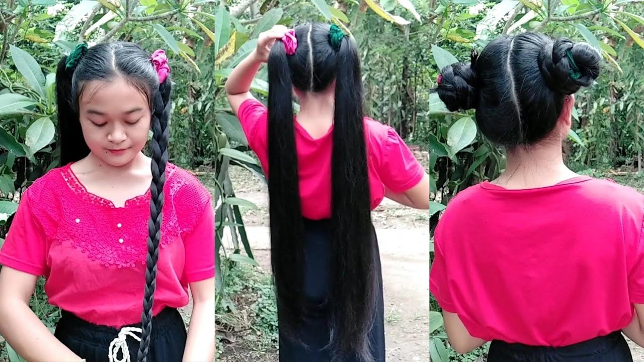 Two high double ponytail hairstyle and braid bun