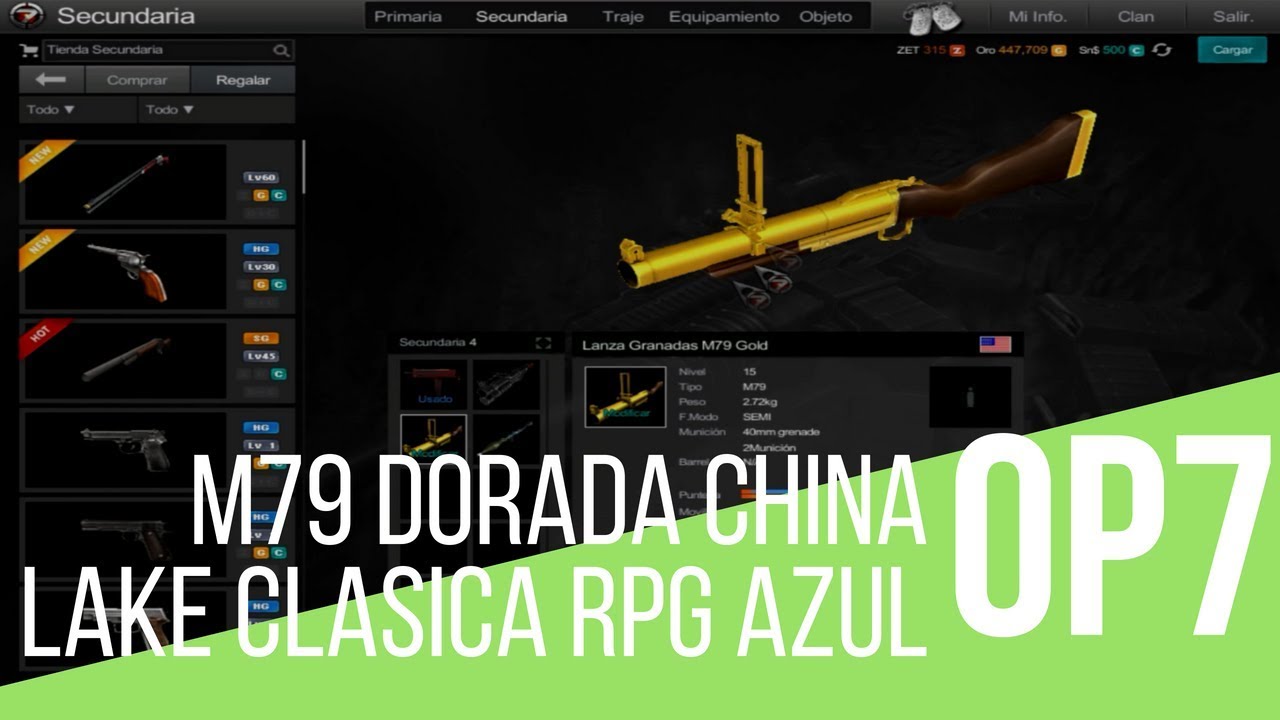 Lv: 36 Secundarias: M79 Gold China Lake TP1 RPG-7 Azul Slots: 5 Partes: Gold & Silver l Operation7