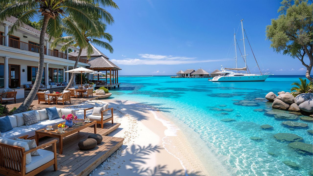 Cheerful Bossa Nova Jazz at a Beachfront Retreat Ambience with Soothing Waves Sound for Great Moods