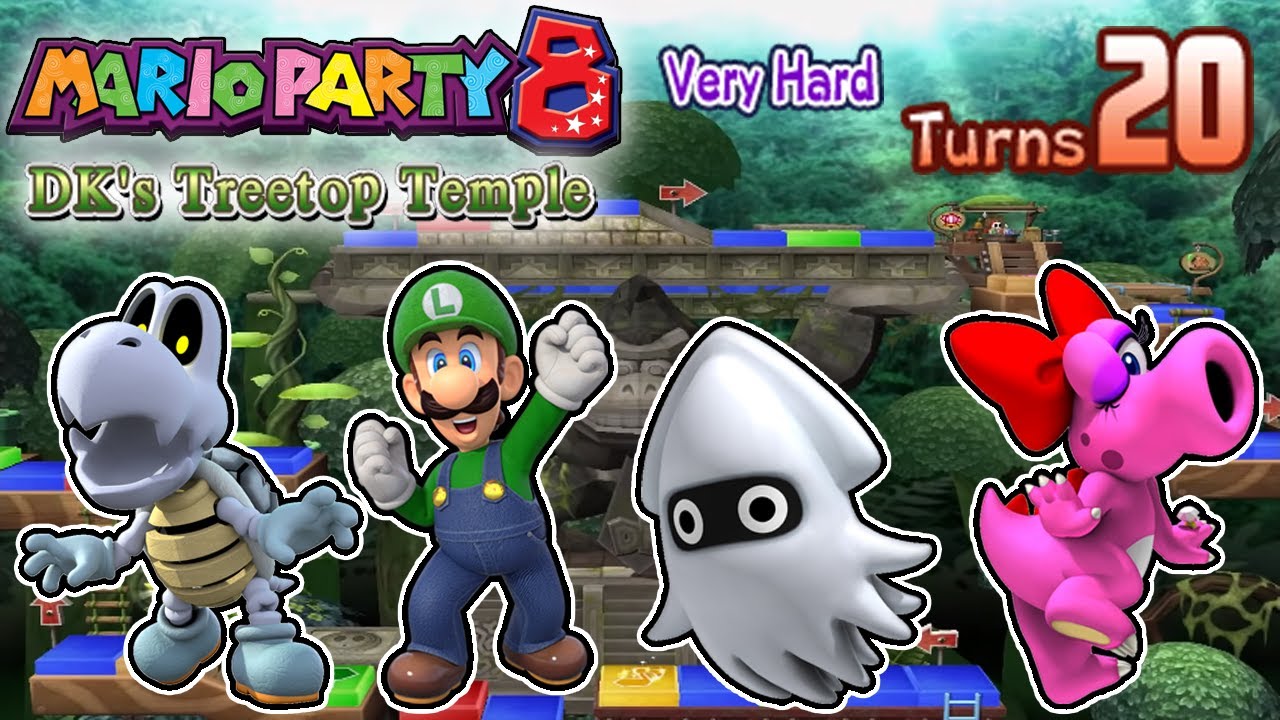 Mario Party 8 - Dry Bones VS Luigi VS Blooper VS Birdo - DK's Treetop Temple (20 Turns, Very Hard)