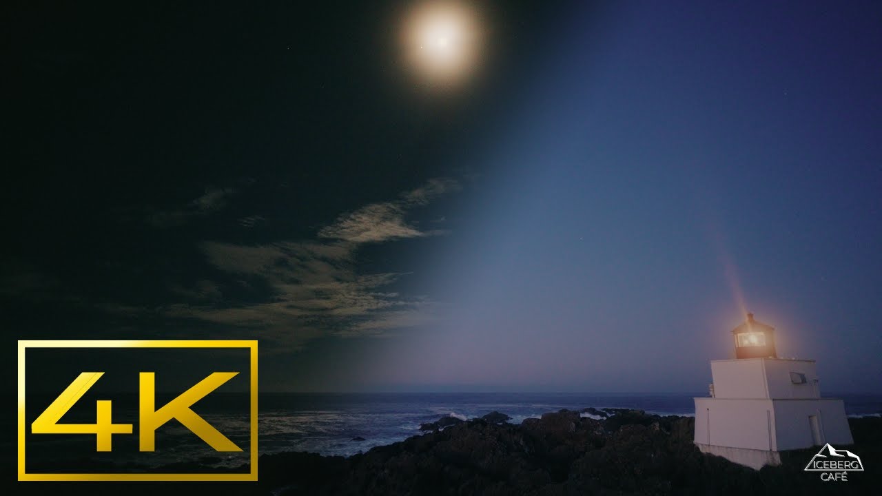Ocean Waves by Lighthouse Till Dawn [4K] 12 Hr Night Light Ambience - ICEBERG CAFÉ