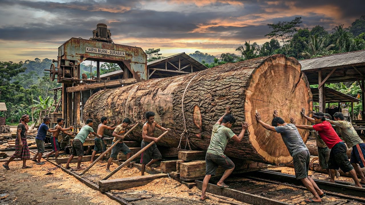 Satisfying Huge Log Cutting: Slicing Massive Teak Wood into Premium Slabs with Bandsaw