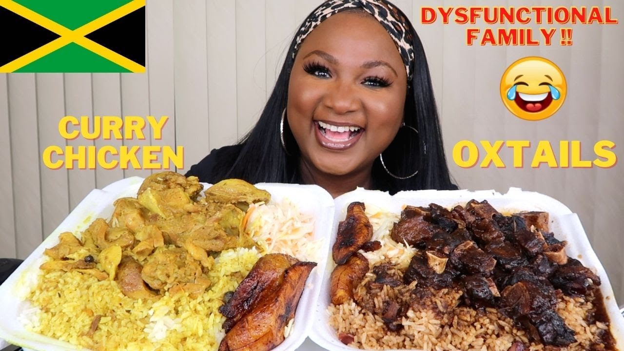 JAMAICAN FOOD MUKBANG , OXTAILS , CURRY CHICKEN ,  RICE AND PEAS