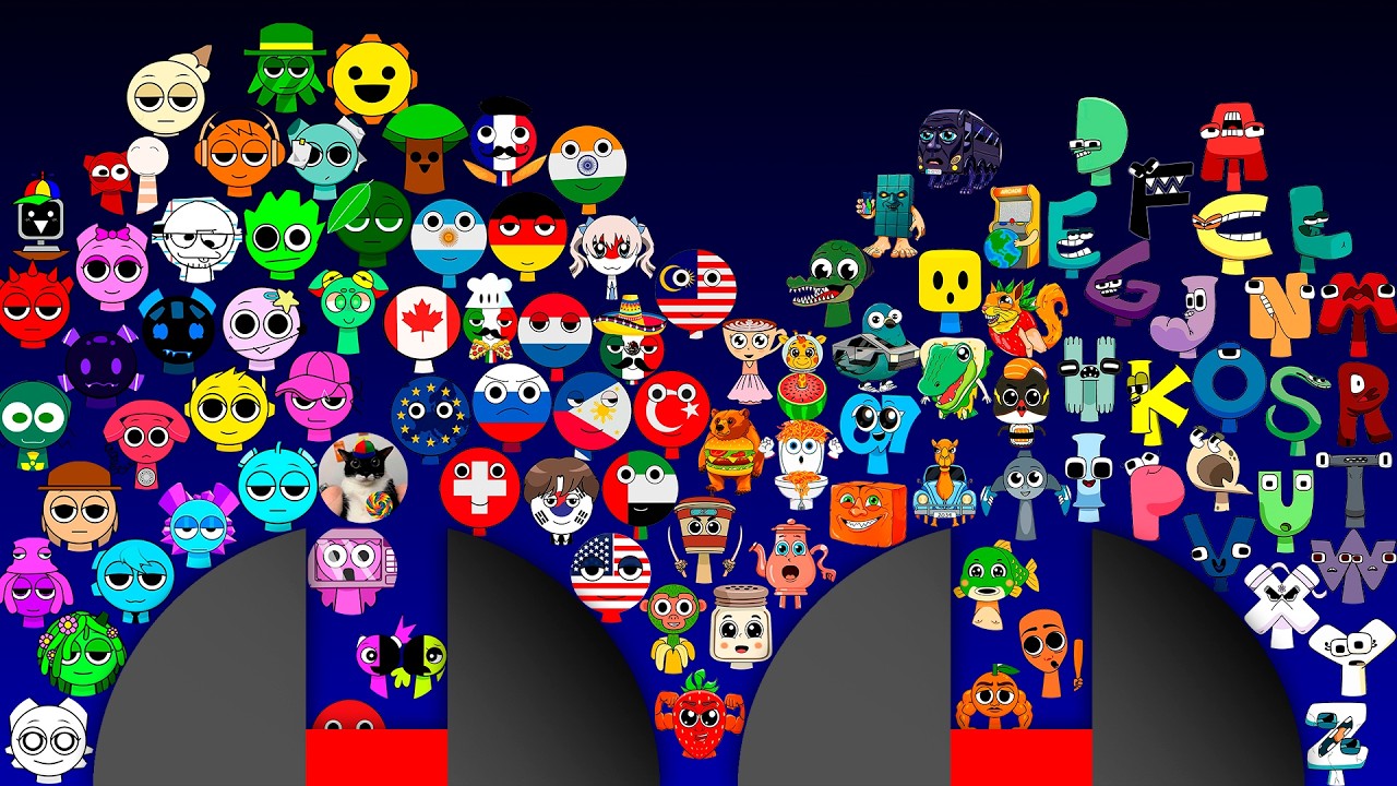 Sprunki vs Italian Brainrot vs Alphabet Lore vs Countries Marble Race in Algodoo - Sprunki Marbles