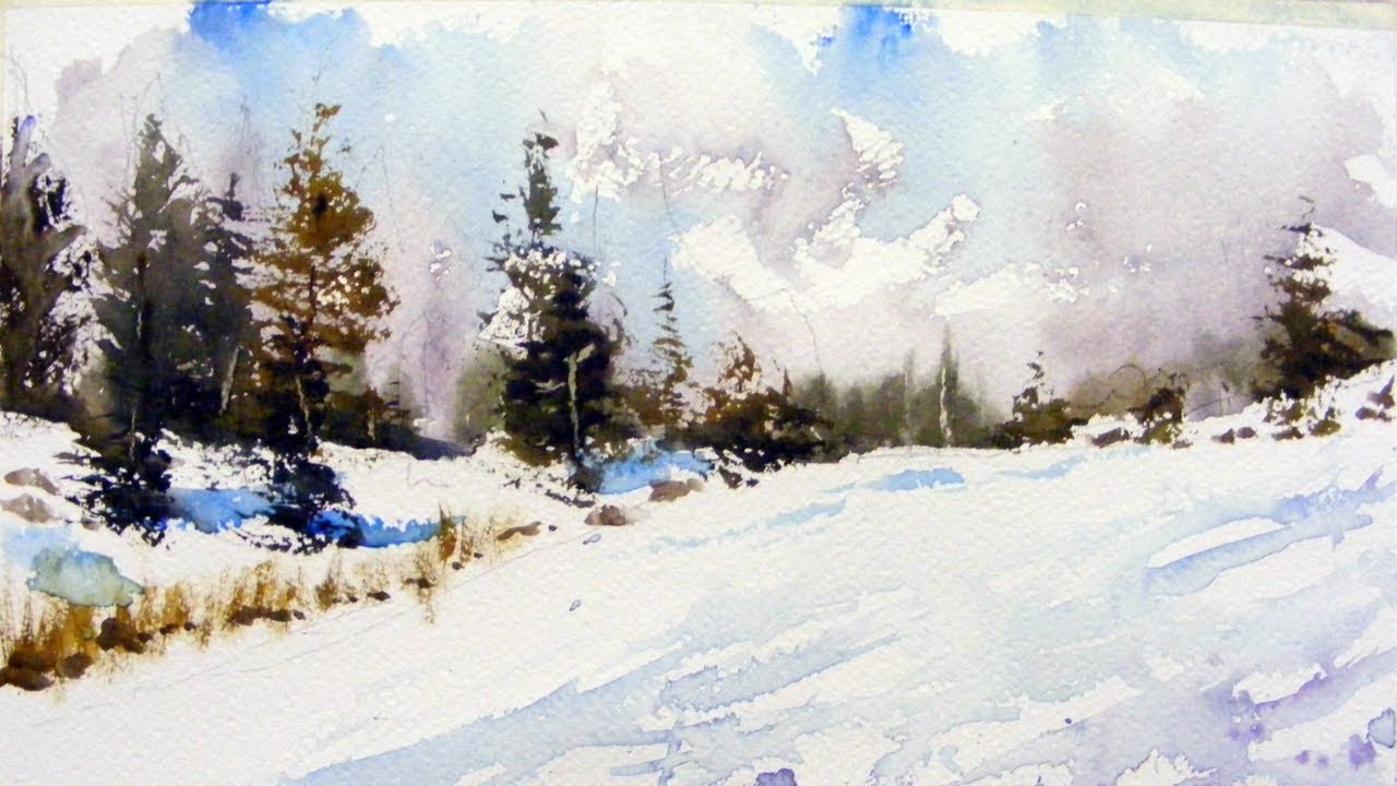 SCIE NELLA NEVE E SIEPI IN ACQUARELLO -  PAESAGGIO INVERNALE  (4/4)