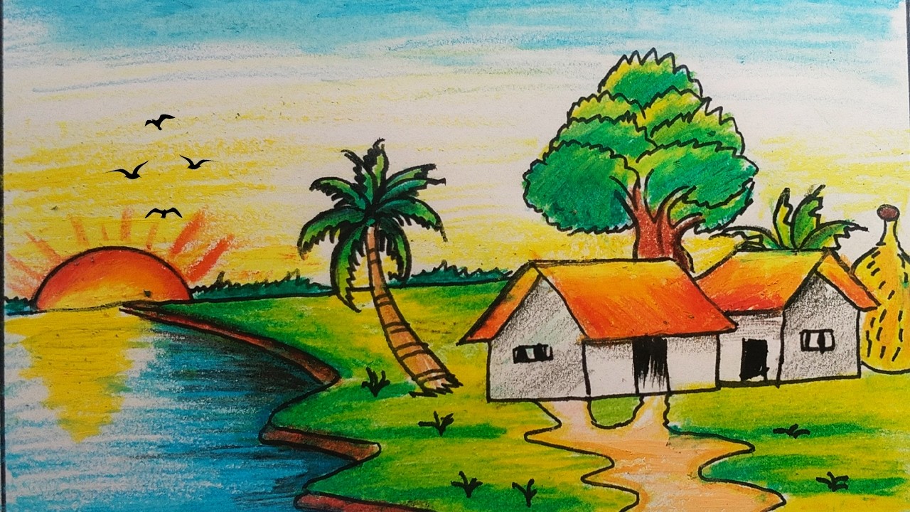 Village Scenery Drawing With Oil Pastels And Colours || Easy Nature Art for Beginners