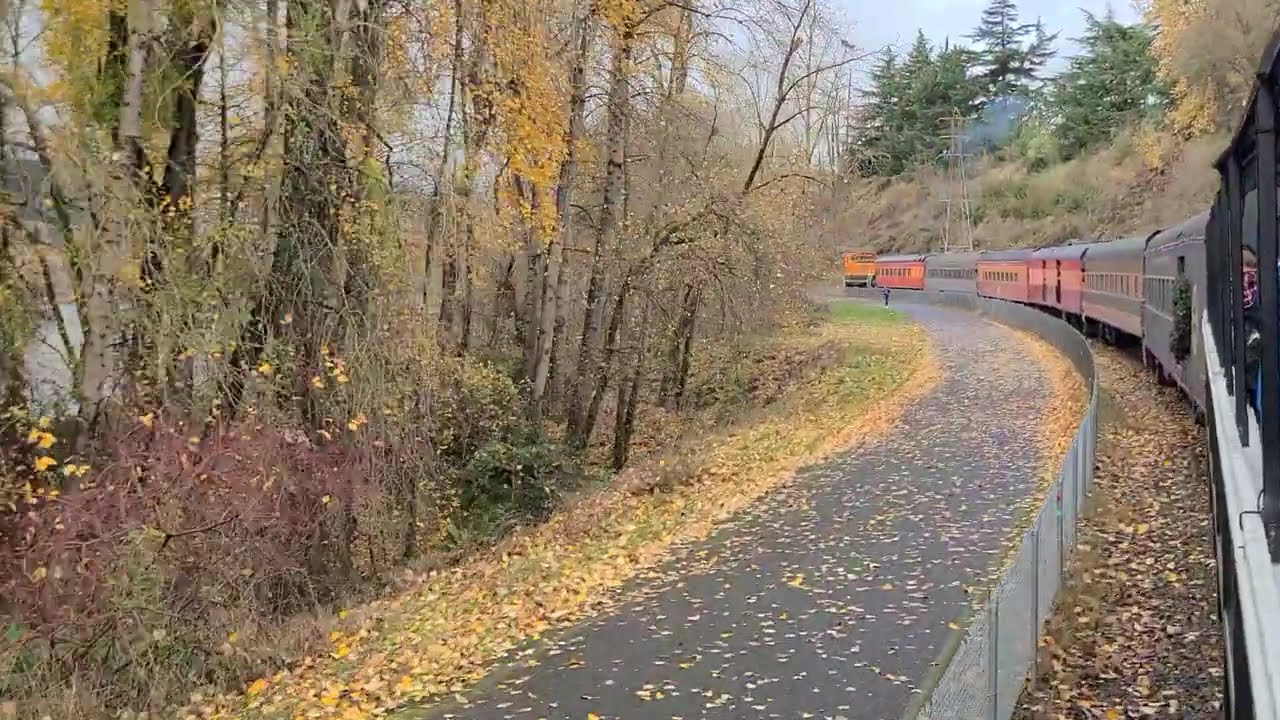 BNSF 3613 Leading Train Sweeping Curve Oregon Rail Heritage Center's Holiday Train Steam Locomotive