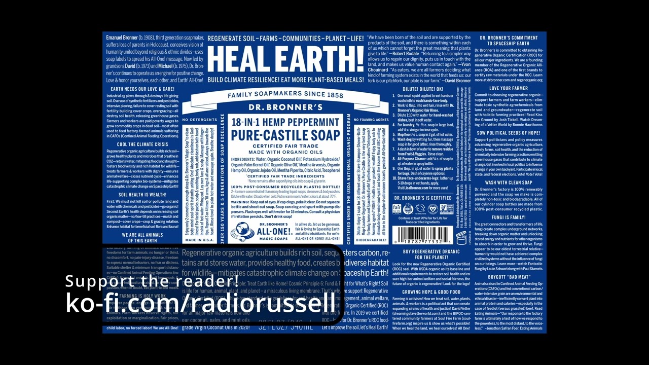 Dr. Bronner's 18-in-1 Hemp Peppermint Pure-Castile Soap label audiobook
