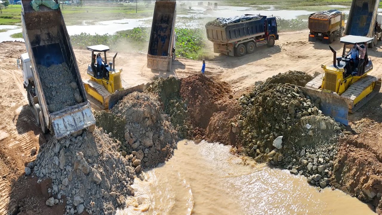 Wow Amazing Dozer Push Stone And Soil Into Water Deep And Truck 10 Wheel Delivery Stone Filling Lake
