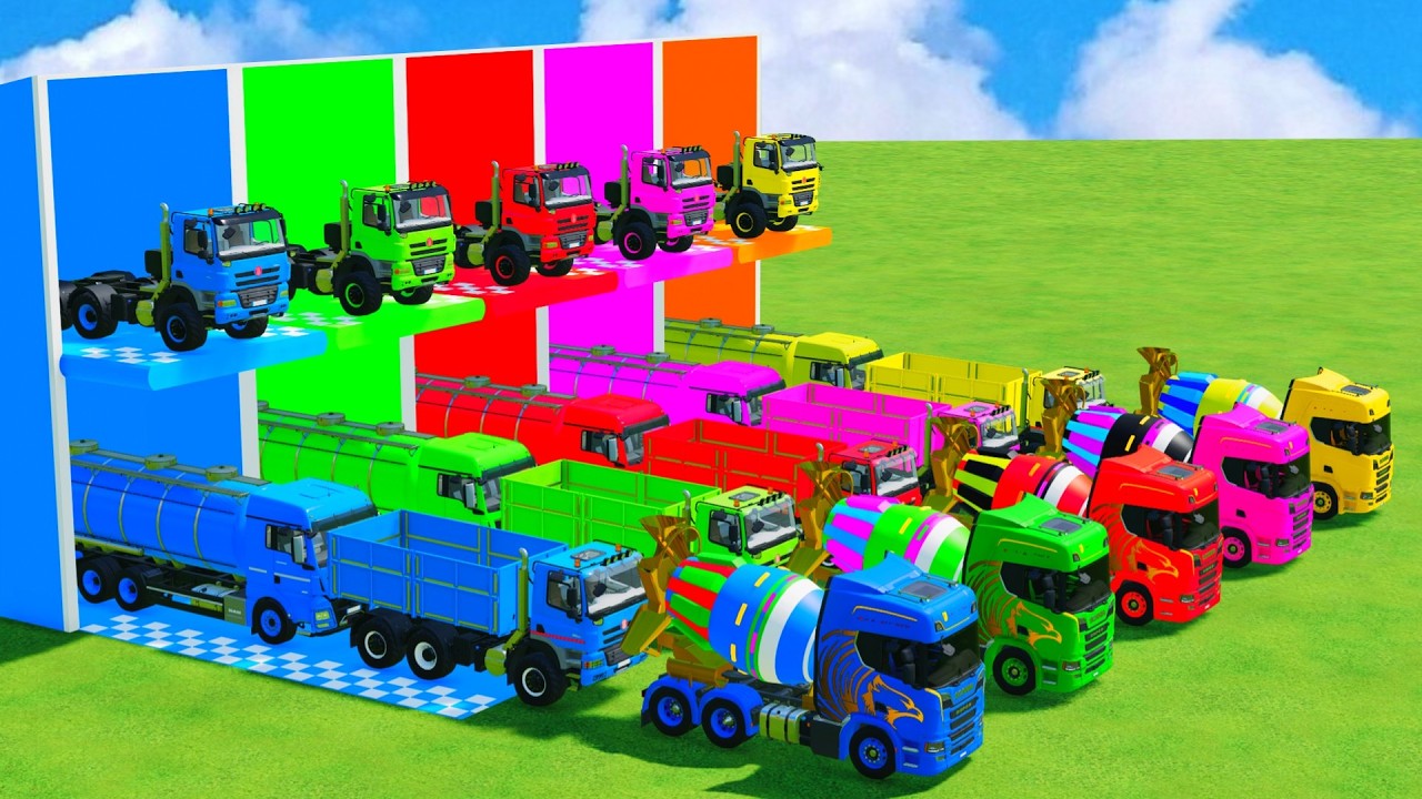 Garage with Colors - ALL MIXER TRUCK WITH DOUBLE FLATBED TRAILER TRUCK, VOLVO, PETERBILT, SCANIA