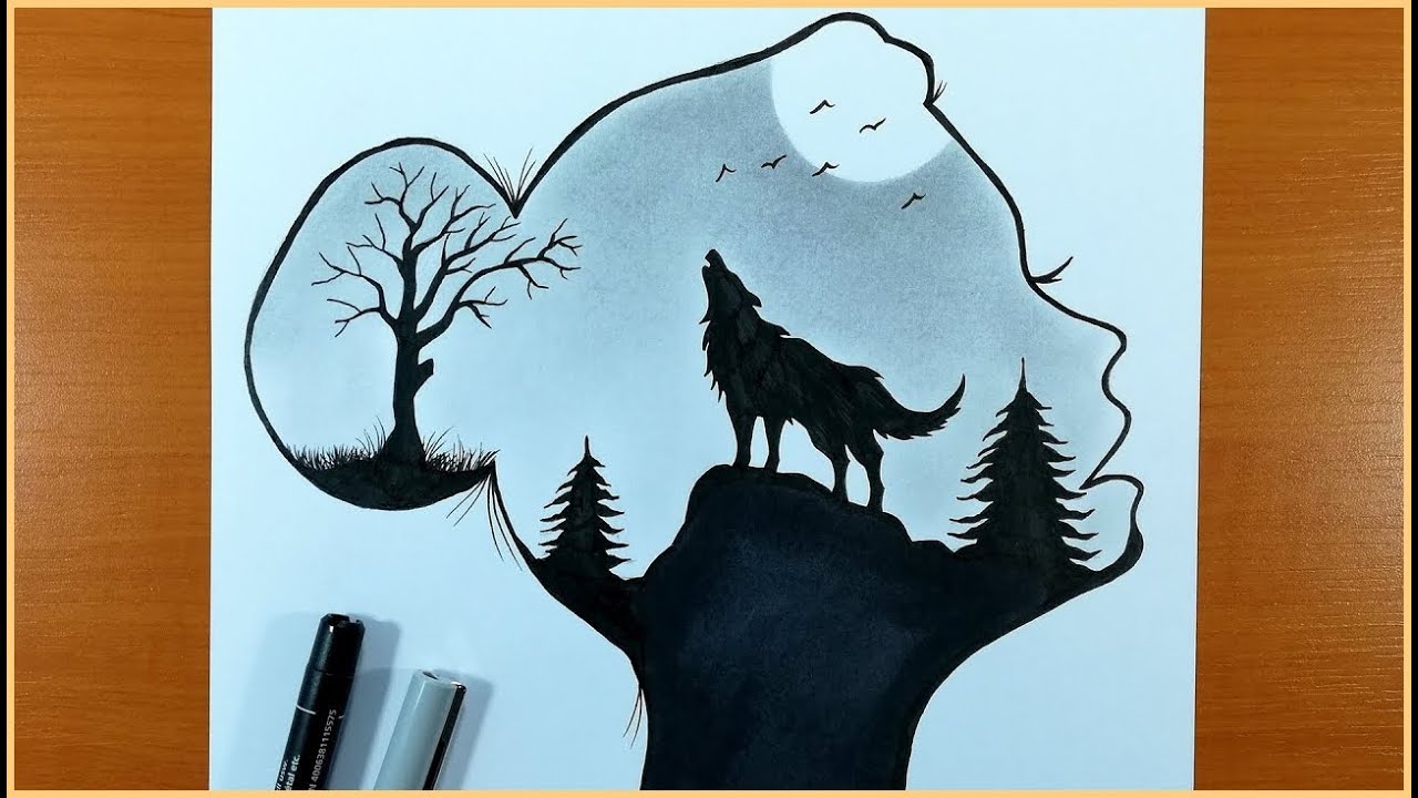 Drawing a Landscape inside a Girl face || Wolf in Moonlight for beginners | Creative Art