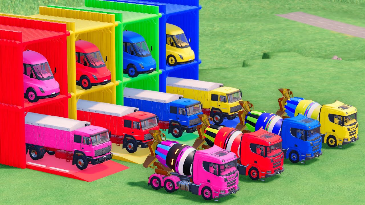 Trucks With COLORS - SCANIA GLOW MIXER TRUCK and IVECO GRAIN TRUCK with TESLA FLATBED TRAILER TRUCK