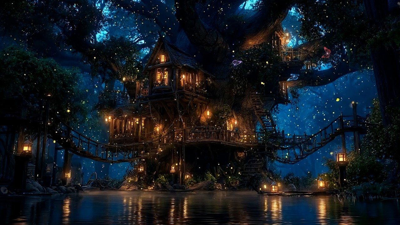 The Ancient Treehouse Sanctuary | Moonlit Lake Ambience for Deep Healing | 12H Fairy Music