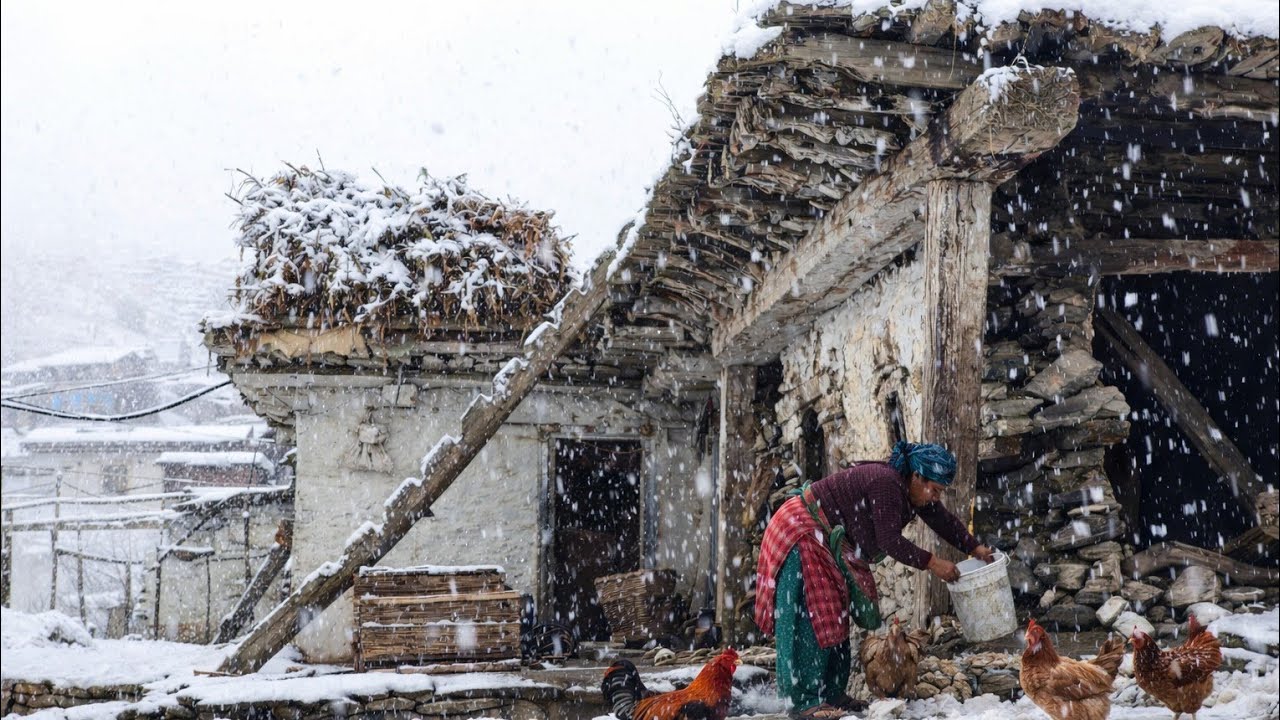 Snow Fall Day Village Life | Peaceful & Relaxing Mountain Rural Life in Winter Nepal