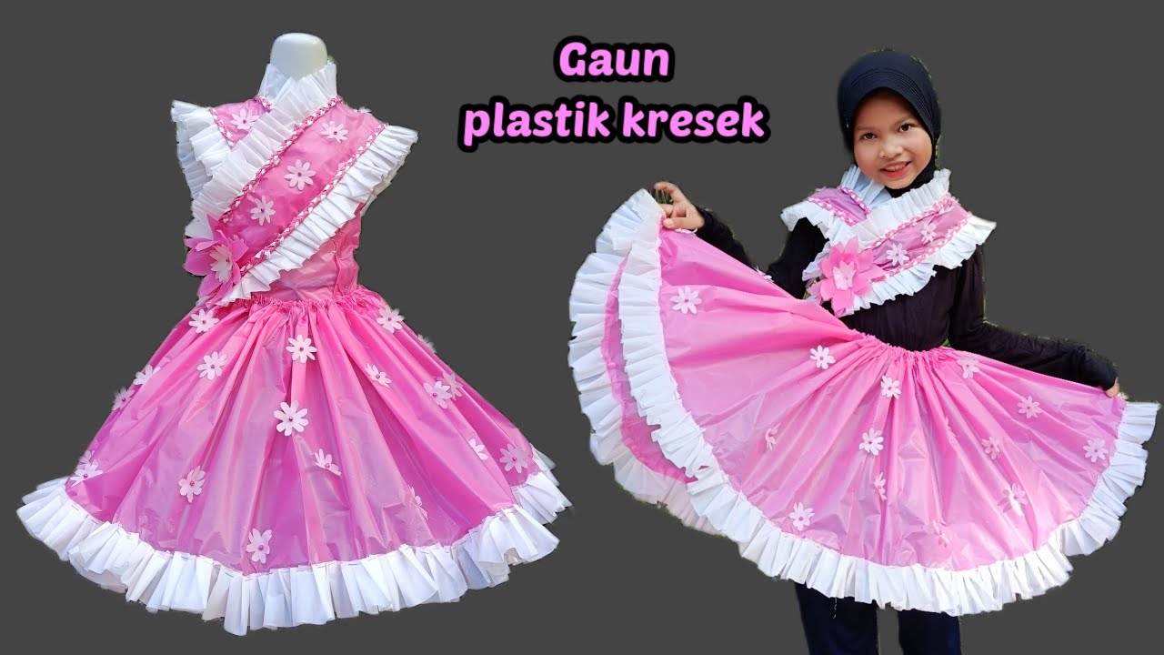 CARA MEMBUAT BAJU GAUN KOSTUM KARNAVAL DAN FASHION SHOW WARNA PINK DARI PLASTIK KRESEK
