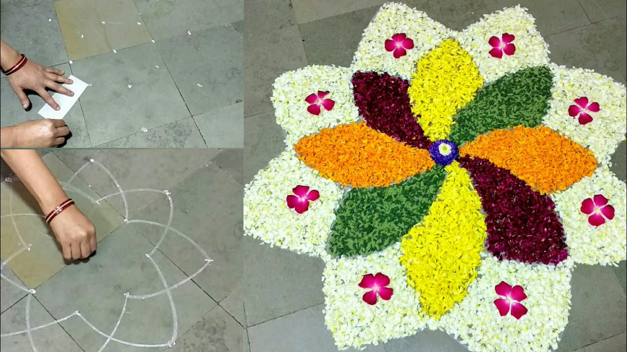 Very Simple Flower Rangoli Using Dots | Flower Decoration Ideas for Festivals