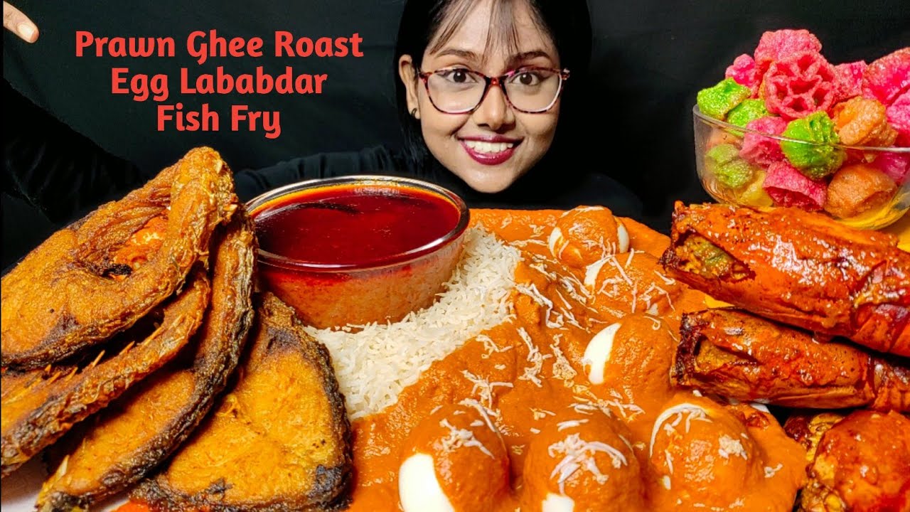 Eating Egg Lababdar, Prawn Ghee Roast, Fish fry| Big Bites | Messy Eating | Foodie Darling| Mukbang