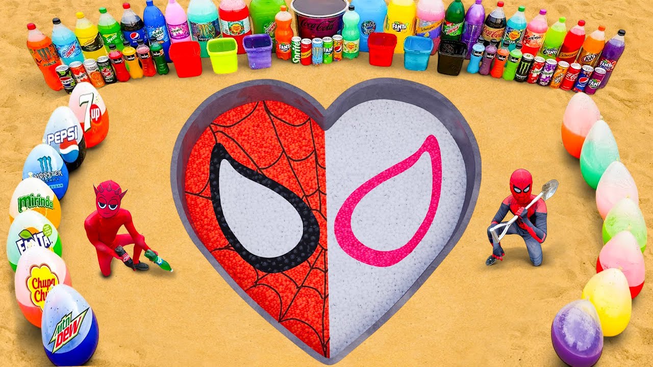 Big Toothpaste Eruption from Heart of Spiderman & Spider Gwen, Fanta, Mtn Dew, Coca cola vs Mentos