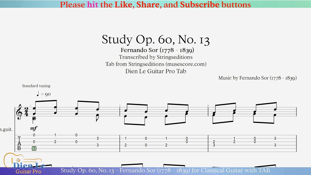 Study Op. 60, No. 13 - Fernando Sor (1778 - 1839) for Classical Guitar with TAB