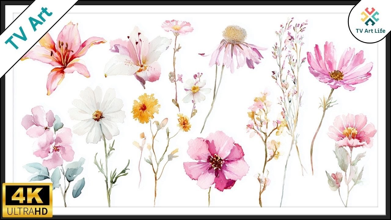 Pastel Wild Flowers | Minimal Floral Watercolor | Frame TV Art | Elegant Botanicals | 4Hrs 4K