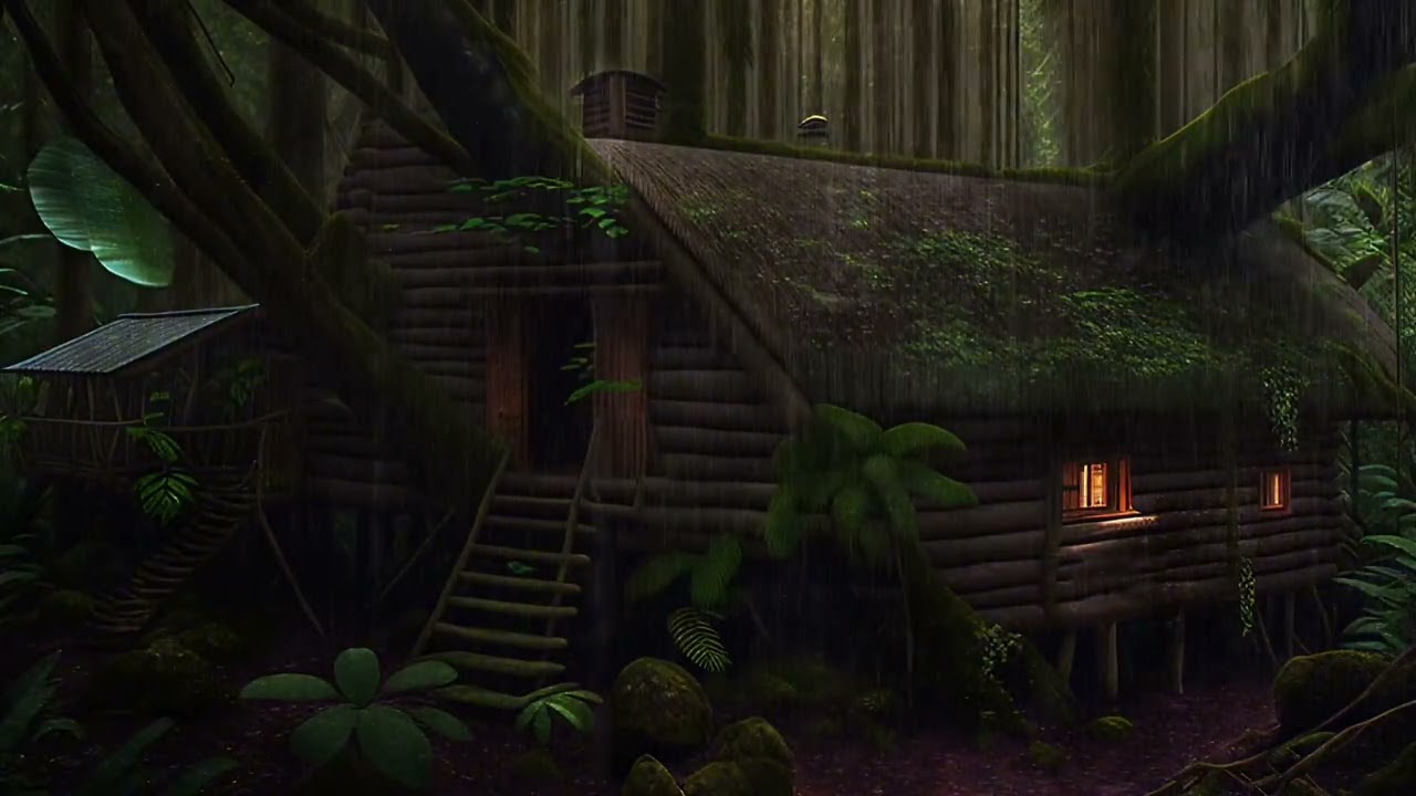 3 Hours Rainforest Cabin Rain Sounds 🌧️ Deep Sleep White Noise | Jungle Night Rain Ambience