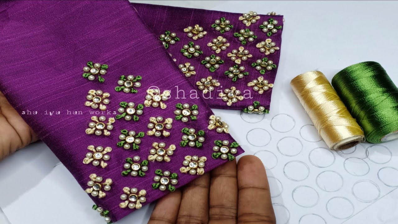 Easiest hand embroidery design for sleeves |long french knot designer blouse for beginners
