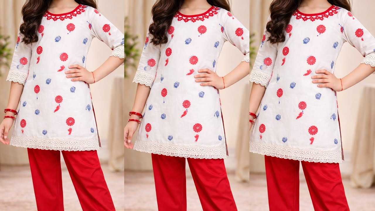 girl printed suit/kurti cutting stitching|| Diy painting suit with sleeves design| suit witha lace